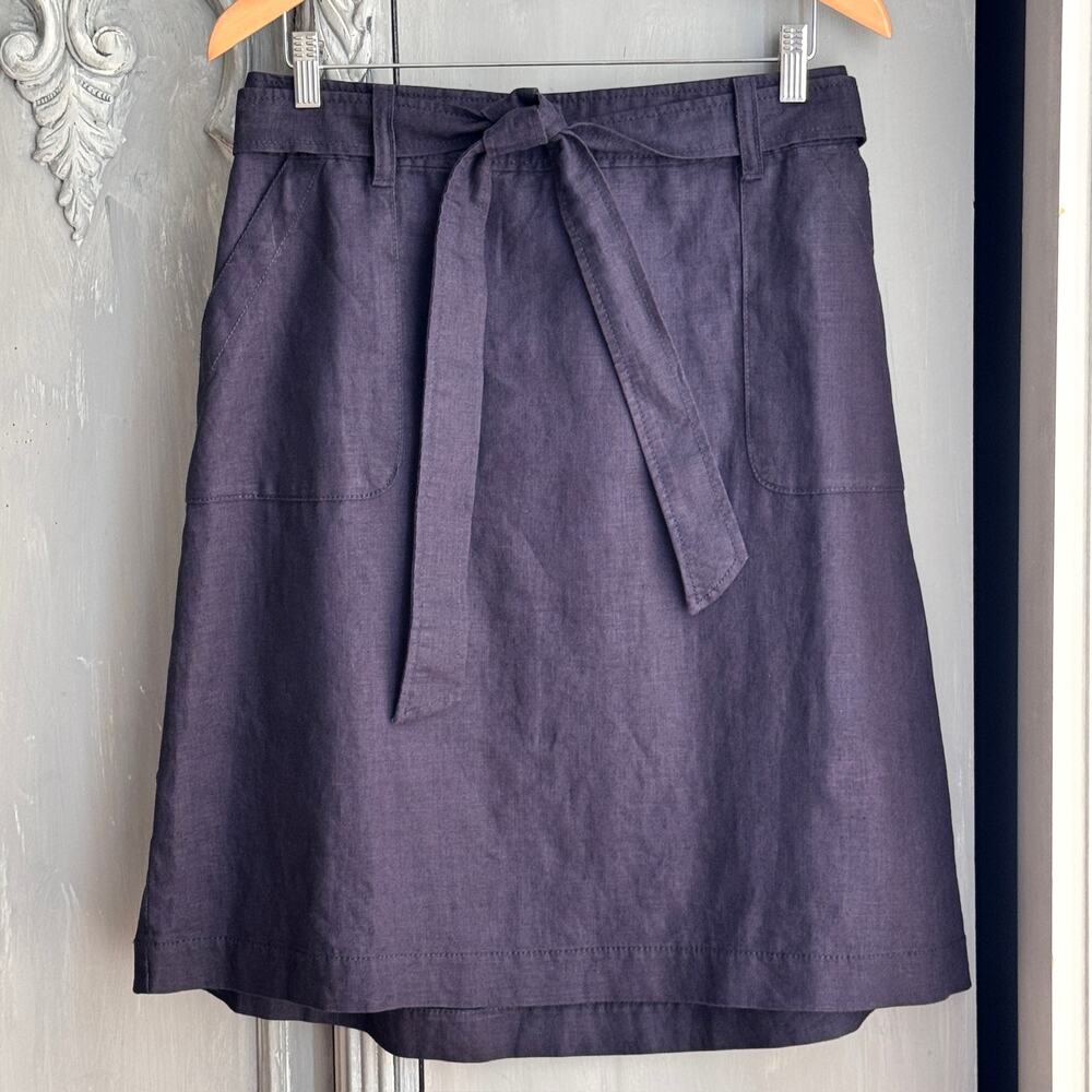 Lands End 100% Linen A-Line Belted Skirt Size 12 Knee Length Patch Pockets